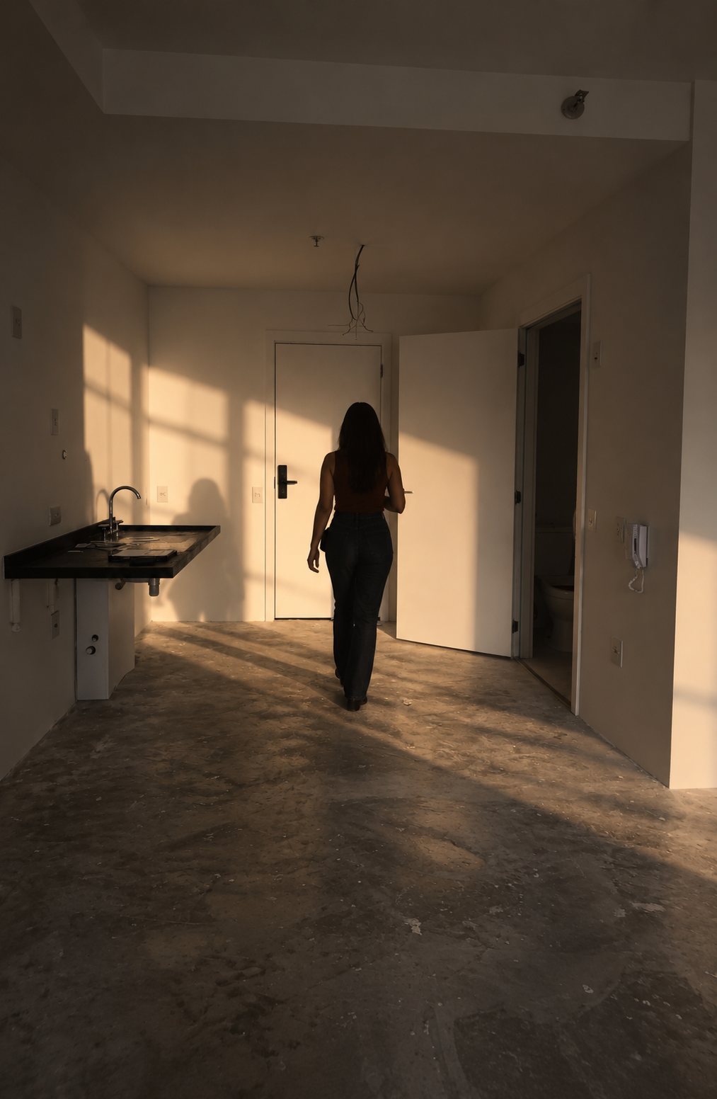 Arquiteta caminhando em um apartamento vazio, ainda sem reforma, com luz de fim de tarde